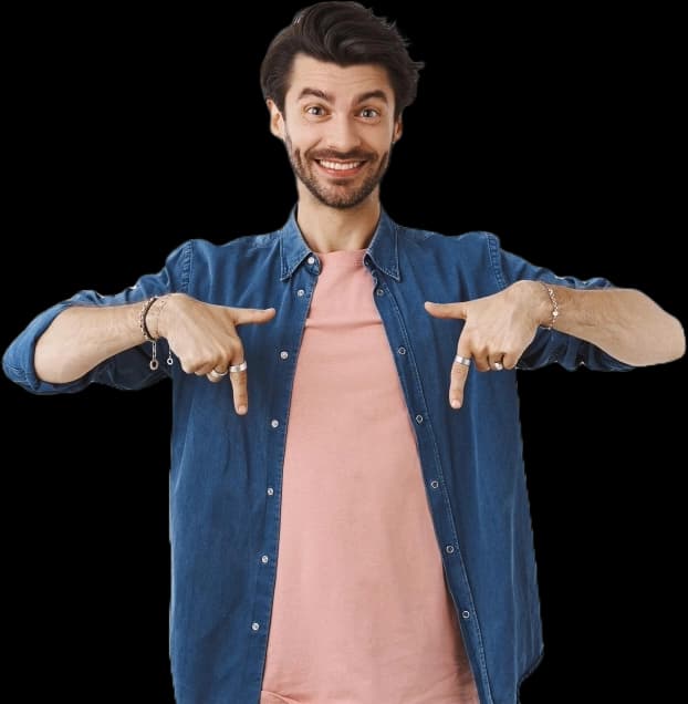 Happy man pointing down
